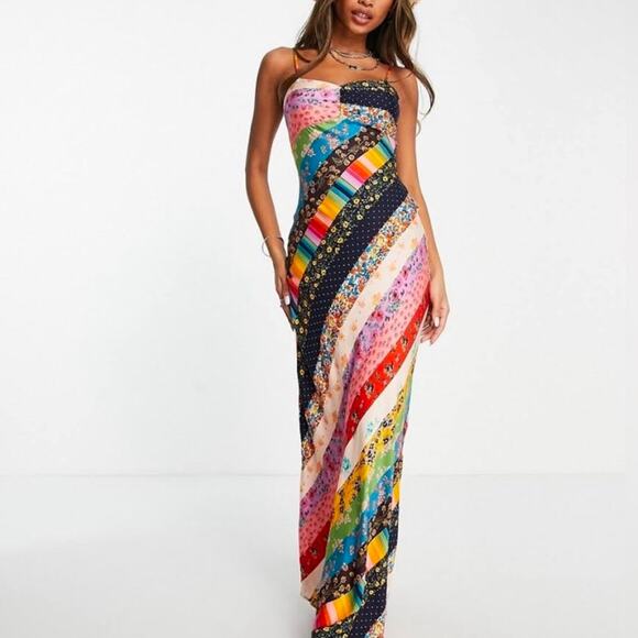 Free People Fiona Maxi Bodycon Dress Confetti Rainbow Striped Floral Boho M - Picture 3 of 11